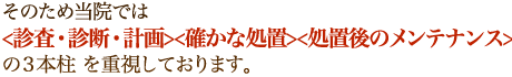 そのため当院では ＜診査・診断・計画＞＜確かな処置＞＜処置後のメンテナンス＞の３本柱 を重視しております。